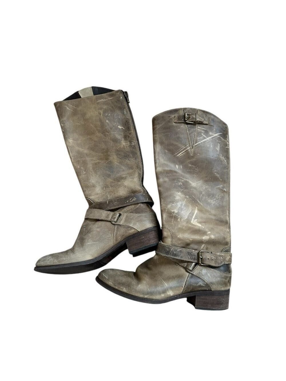 CHARLES DAVID Italy Vey Distressed Gray Leather Red Zip Up Riding Boots 6.5 - Picture 3 of 7